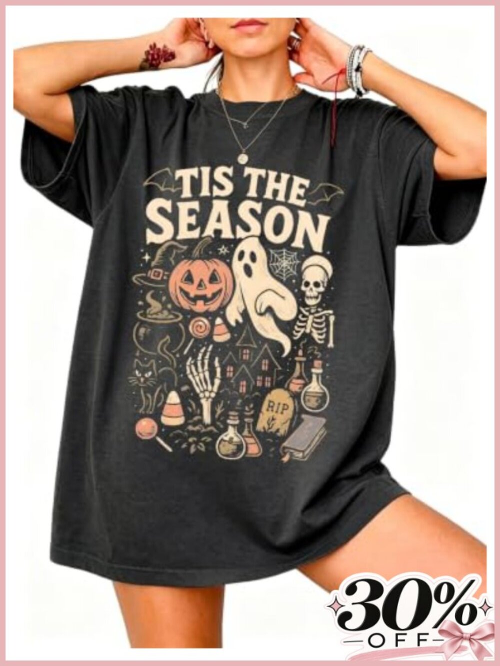 Oversized Halloween Graphic T-Shirt Pumpkin Ghost Spooky Season Casual Crew Neck